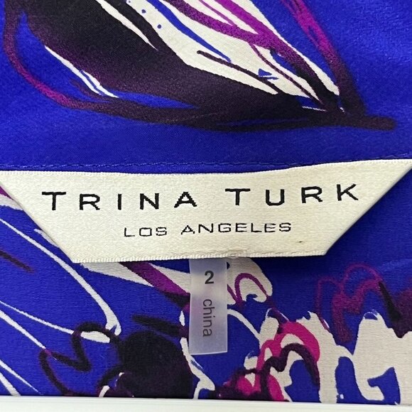 Trina Turk 100% Silk Faux Front Wrap Blue‎ Floral Print Cap Sleeve Blouse Size 2 - Picture 7 of 8